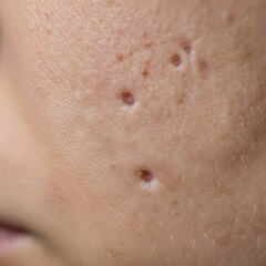 Fototapeta premium Close-up of Acne Scars on Skin, Detailed Texture of Pockmarked Face