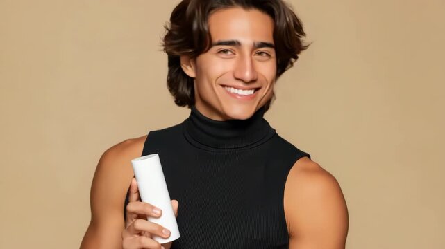Young man smiling while presenting deodorant bottle in studio