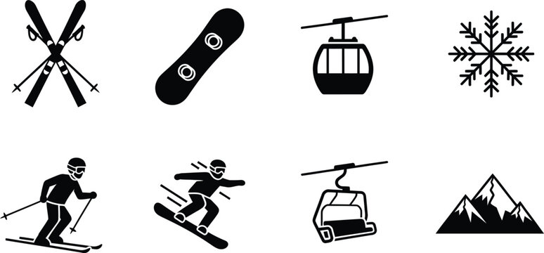 Winter sports icon set skiing snowboarding and mountain resort elements in black and white