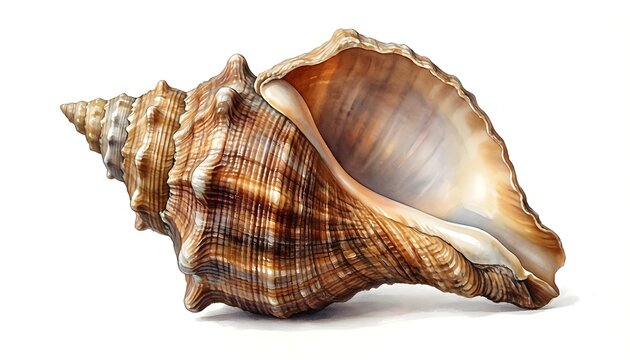 Detailed watercolor illustration of a single conch shell on a white background