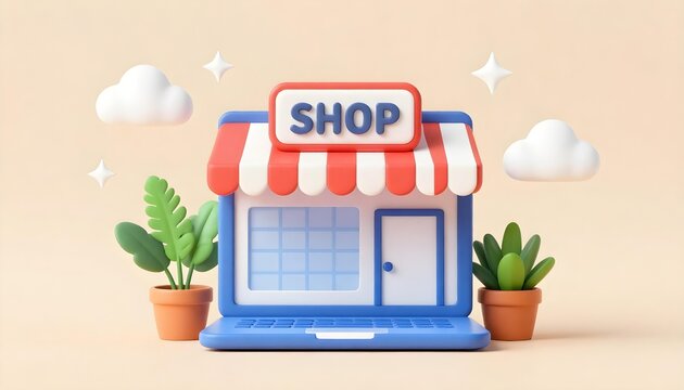 3D cartoon shop on laptop screen, symbolizing online business and e-commerce growth