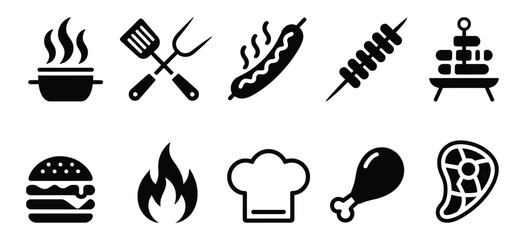 BBQ and grilling vector icon set featuring meat, burger, sausage, chicken leg, and outdoor cooking flame symbols © MASUD NUR