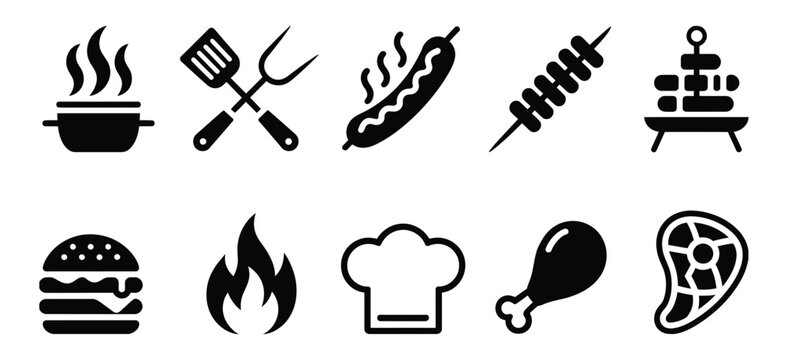 BBQ and grilling vector icon set featuring meat, burger, sausage, chicken leg, and outdoor cooking flame symbols