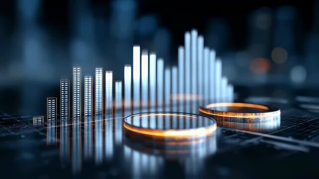 3D infographics for business presentation with neon glowing charts, bars and pie diagrams.