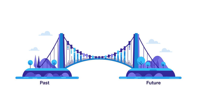 Conceptual Flat Vector Illustration of a Bridge Connecting the Past to the Future, Symbolizing Progress, Transition, and Evolution