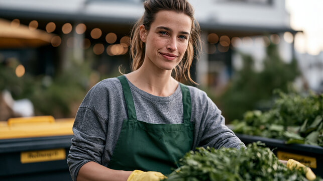 A commercial composting volunteer sorting food waste from a restaurant donation bucket into labeled bins outside a community garden in rain-soaked streets, reducing landfill