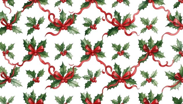 Seamless watercolor pattern of holly leaves with red bows and berries for Christmas