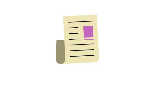 A graphic illustration of a rolled up document with lines and a purple rectangle on a white background doodle animated 4k stock video