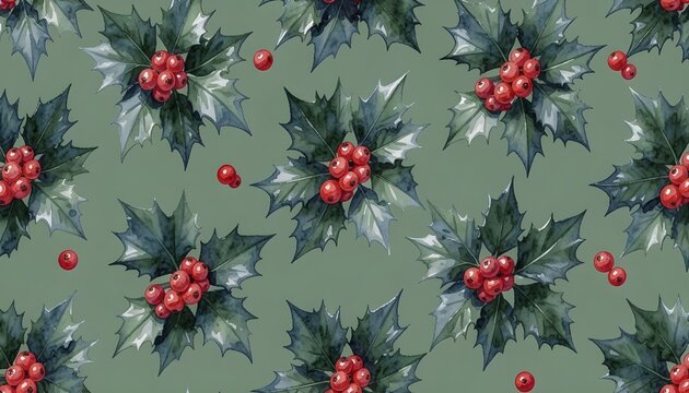 Seamless watercolor pattern of holly branches with red berries on a muted green background