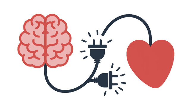 Brain and heart connected by electric plug and cord symbolizing love and intelligence