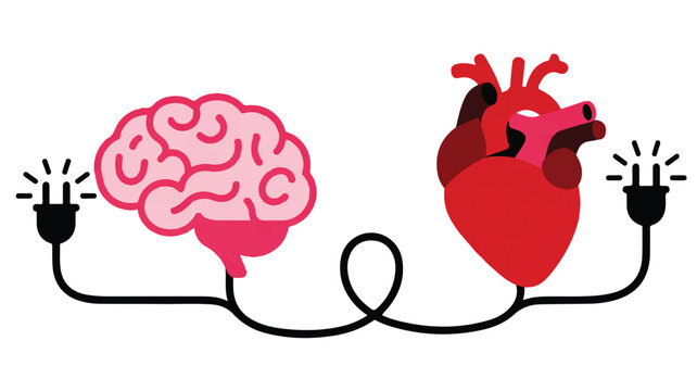 Brain and heart connected by electric plugs and cord