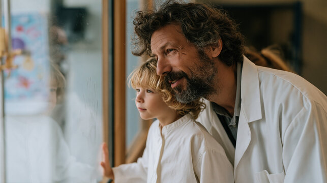 Child presses nose against thick observation window of university quantum research lab, small handprints fogging the glass, colorful educational quantum superposition poster taped