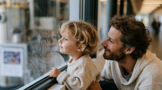 Child presses nose against thick observation window of university quantum research lab, small handprints fogging the glass, colorful educational quantum superposition poster taped