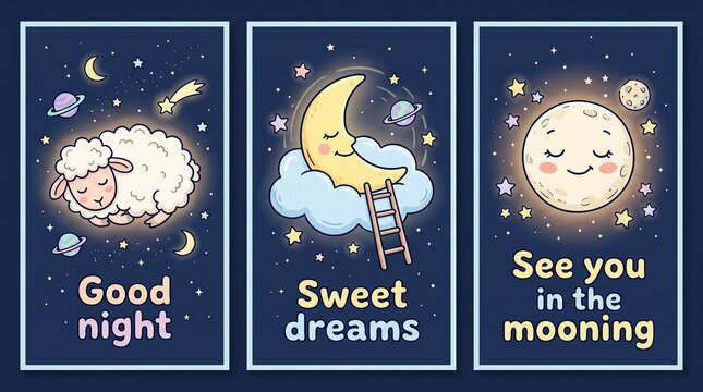 A set of three cute bedtime posters featuring a sleeping sheep, a crescent moon on a cloud, and a smiling full moon in a starry night sky.