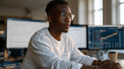 Obraz premium Climate fintech investment platform analyst at a standing desk reviews a dashboard of green bond issuance metrics and carbon-adjusted portfolio risk scores on dual monitors,