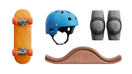 Colorful skateboard helmet, gloves, and knee pads set on wooden floor Vector © MST AKHLIMA 