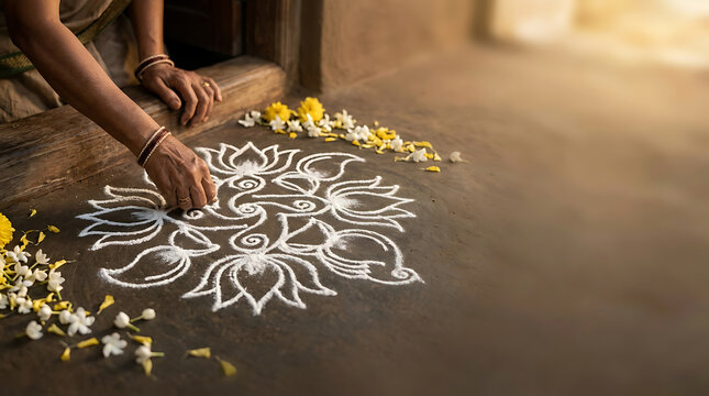 Woman creating traditional floor art with white powder and flowers