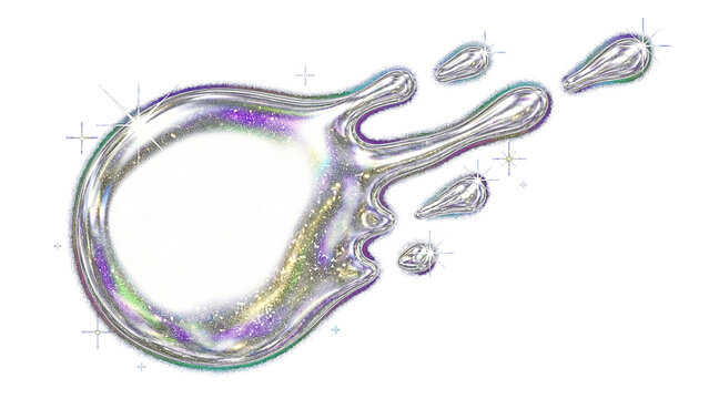 3D liquid chrome fluid comet with glossy purple glitter planet ring and starburst sparkles isolated