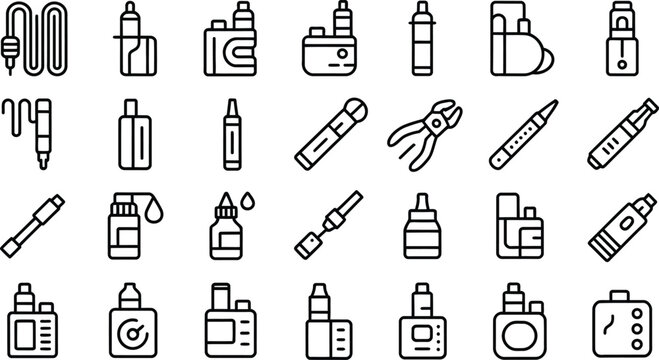 Flat Vector Line Art Collection of Vaping Devices and E-Liquid Icons