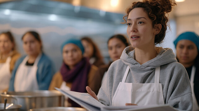 Community kitchen coordinator assigning stations to a group of newly arrived refugee women beginning a catering job training program, recipe binders open and commercial equipment