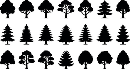 Collection of black tree silhouettes, deciduous and coniferous © Razvi hasan