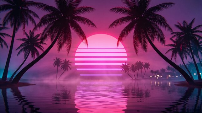 A vibrant 80s synthwave sunset over a calm ocean, framed by silhouetted palm trees with neon pink and purple hues reflecting on the water.