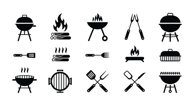 BBQ grill and barbecue tools icon set featuring grilling equipment, sausages, fire, and outdoor cooking vector illustration