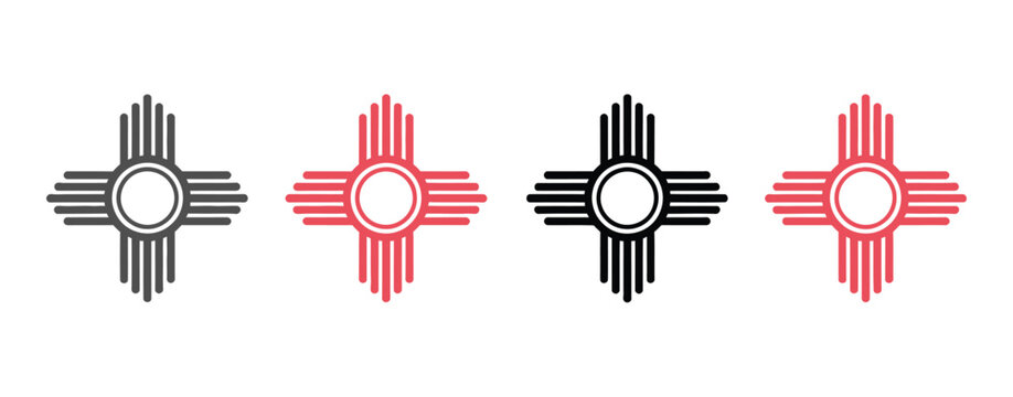 Zia symbol icons displaying distinctive sun-inspired signs with radiating geometric patterns for cultural, decorative, and identity design applications. Vector illustration.