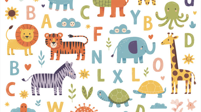 Colorful alphabet with cartoon animals and letters on white background for kids