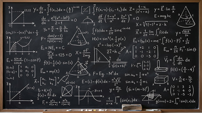 Blackboard filled with complex physics and math equations