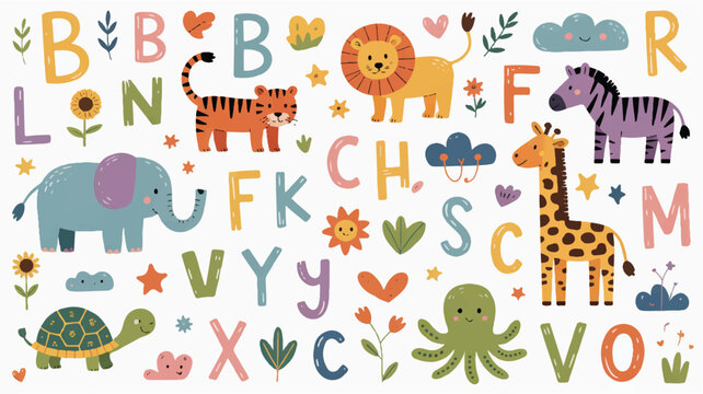 Colorful cartoon animals and alphabet letters for kids education and learning