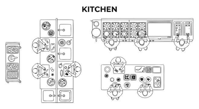 Commercial Kitchen Floor Plan with Chefs Cooking and Professional Equipment Top View Illustration