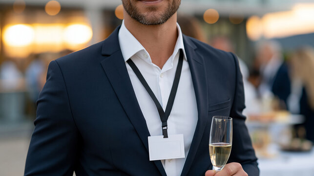 elegant business event at sunset, man in a tailored dark navy suit and crisp white shirt, cropped above the shoulders, face out of frame, holding a champagne glass in one hand, lar