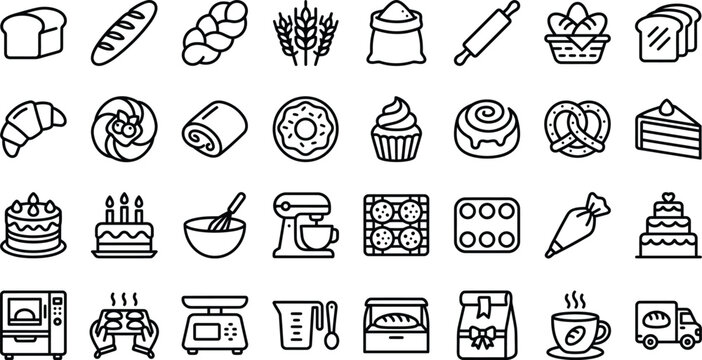 Bakery icon set 30 line art icons for pastries bread cooking and cafe businesses