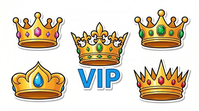 A vibrant set of five cartoon-style golden crown stickers adorned with colorful gems, featuring a bold blue "VIP" text emblem. Perfect for royal and premium designs.