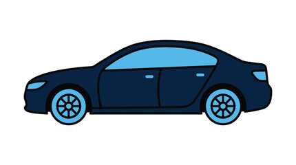 Obraz premium A dark blue sedan with light blue accents is shown in a simple cartoon style against a white background