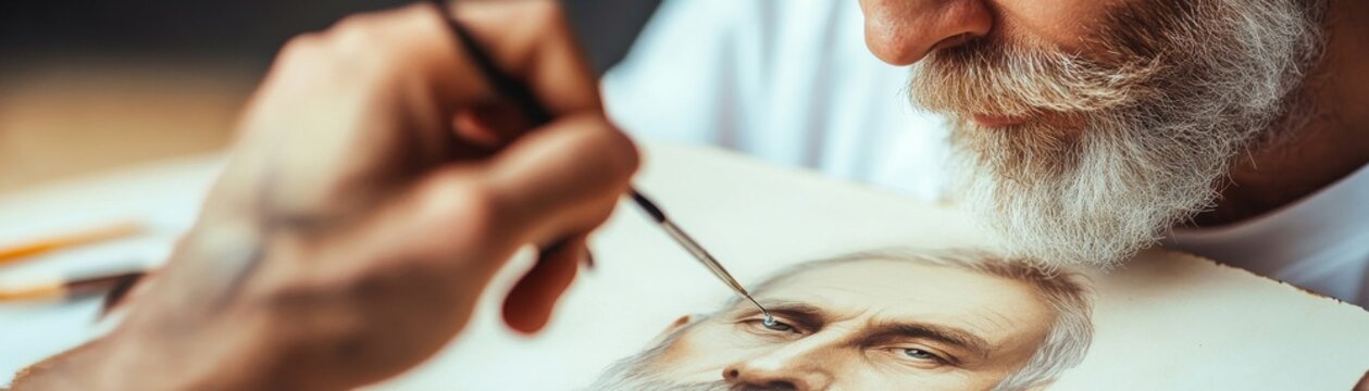 Close-up A bearded artist's focused hand meticulously adds fine detail to a realistic portrait's eye with a thin brush, embodying artistic skill. ,Art, hyperrealism