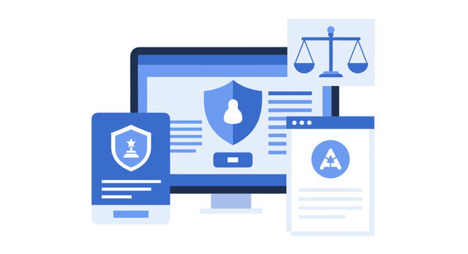 Digital Law and Online Security Illustration with Computer Monitor, Mobile Phone, and Justice Scales Icons
