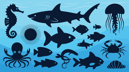 Silhouette collection of dark navy blue sea creatures against a light blue ocean background. © KhadizaAkter