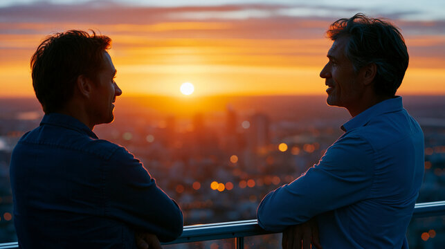 Two adults talking openly on a minimalist city rooftop at sunset, dramatic semi-silhouette view from the side, standing near the edge with a glass safety barrier, vast epic skyline