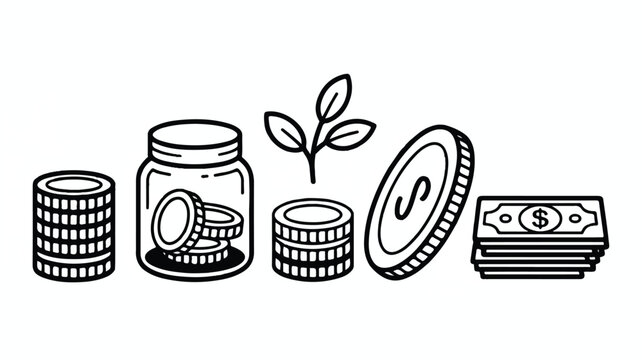 Line drawing of money and a plant growing from coins in a jar and stacks of bills