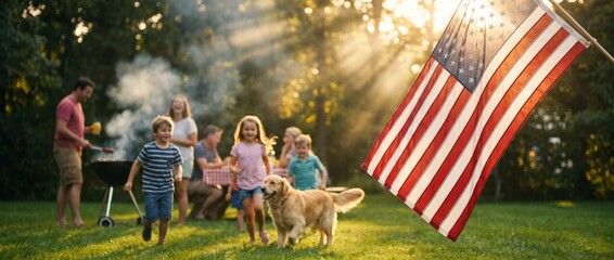 Long banner backdrop for celebrating 4th of July and other USA holidays, American flag with blurred happy family having backyard barbecue