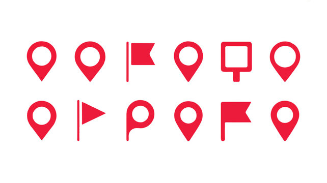 red map pointer and flag icons on white background for navigation and location