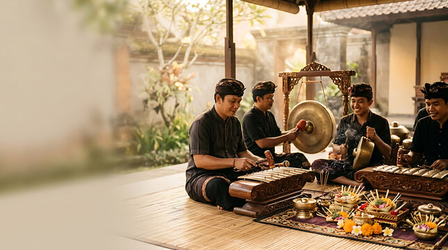 Balinese musicians performing traditional gamelan in a garden pavilion