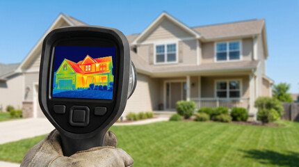 Fototapeta premium Worker hand holding infrared thermal camera scanning a suburban house for heat loss. Energy efficiency, building insulation and home inspection concept.
