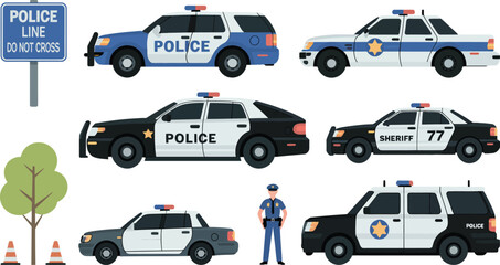 A flat minimalist illustration depicting various police vehicles, a uniformed officer, traffic cones, and a "Police Line" sign, representing law enforcement and public safety. © KhadizaAkter