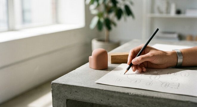 Close-up of a hand drawing a mind map with a pencil on a concrete desk in a bright modern office