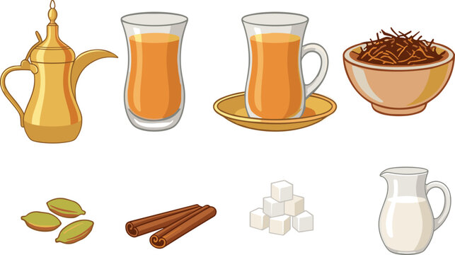 Traditional Karak Chai Brewing Vector Icon Set Featuring Arabic Dallah Teapot Glass Cups Spices Cinnamon Cardamom Sugar Cubes and Milk Jug Illustrations