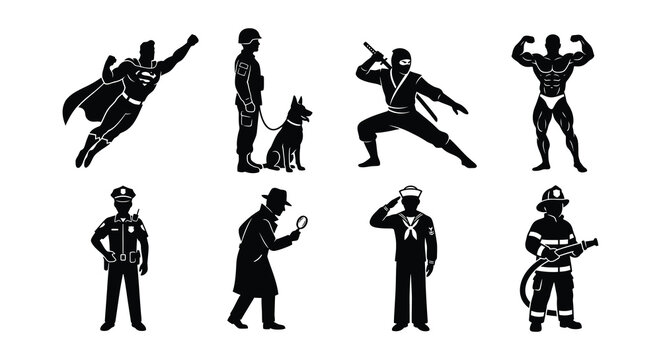 Occupational silhouettes vector black superhero soldier dog