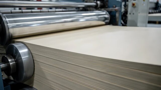 Medium shot of a highgloss coated paperboard stack under supercalendered rollers showcasing the intense shine and smooth reflective surface during compression. Medium frame